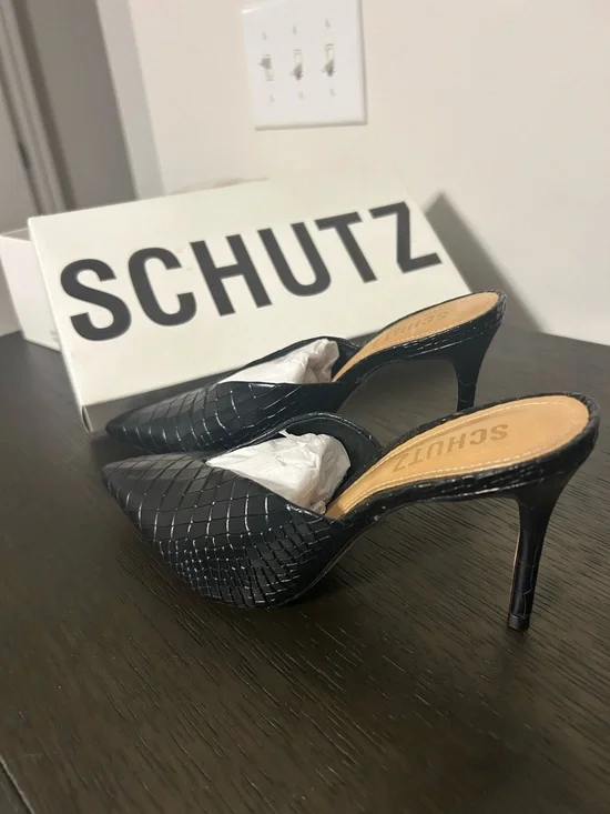 Schutz Charla Slip-On Black Croc Mule Heels - Picture 4 of 4